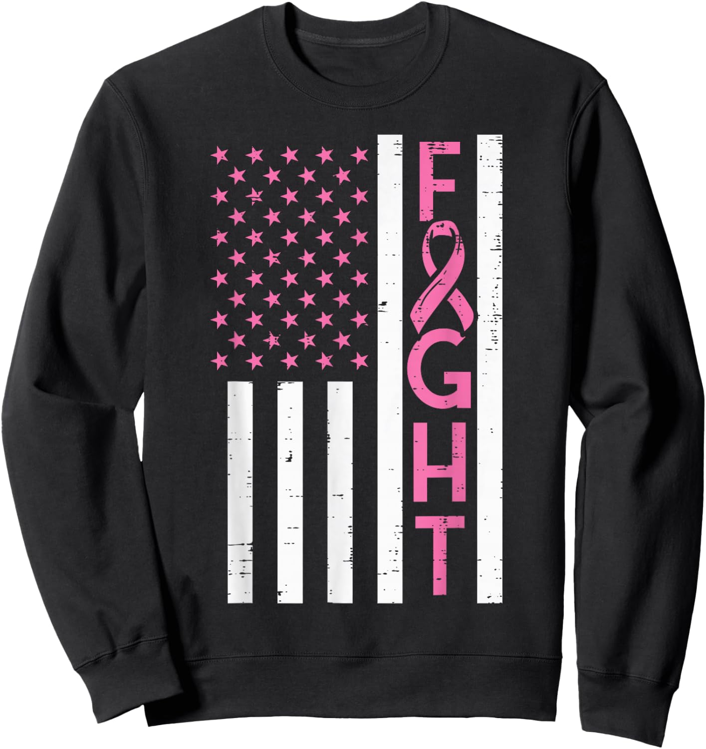 US Flag Pink Ribbon Fight Breast Cancer Awareness Patriotic Sweatshirt - Sweatshirt | Black