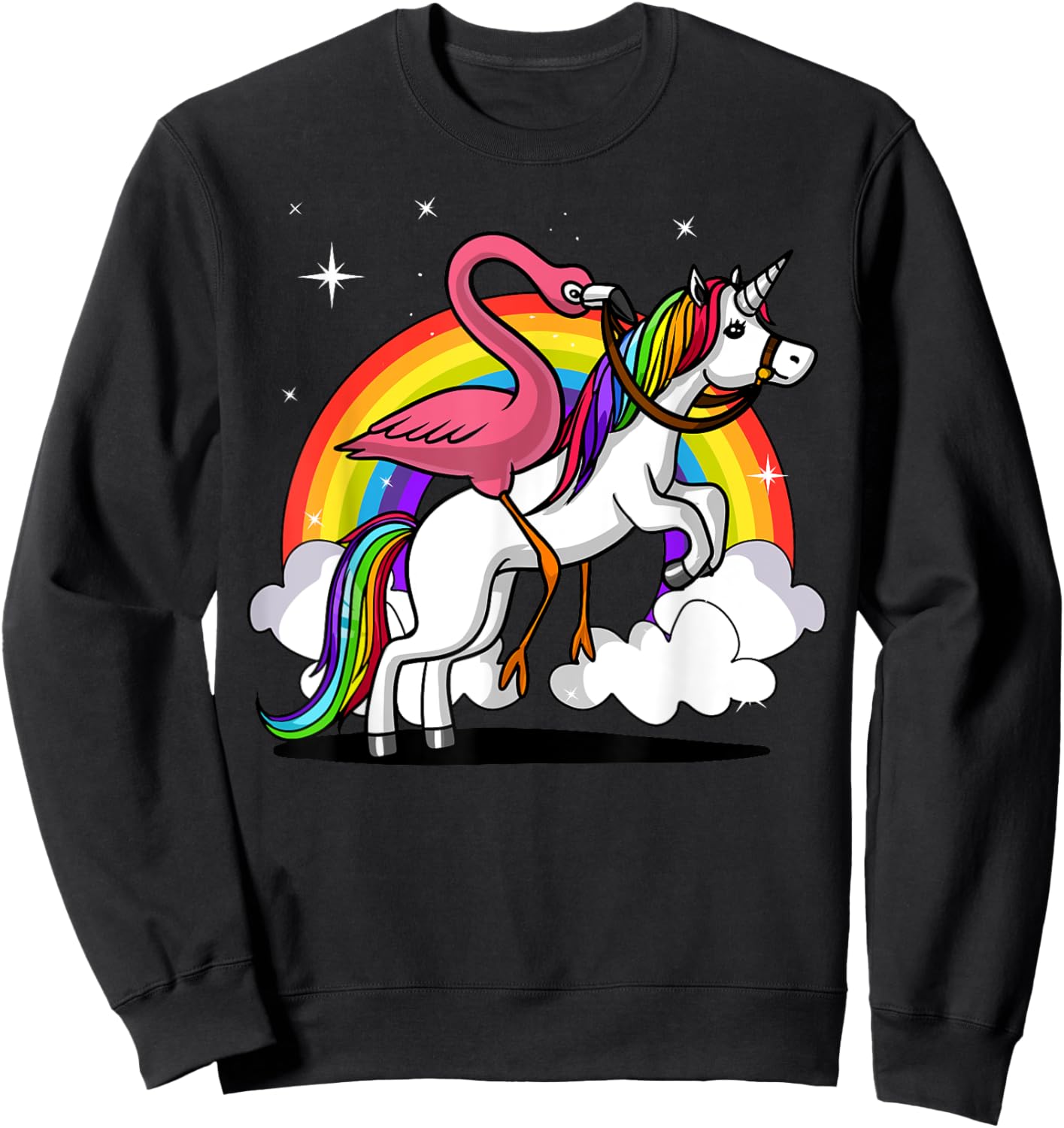 Flamingo Bird Riding Unicorn Magical Rainbow Kids Girls Sweatshirt - Sweatshirt | Black