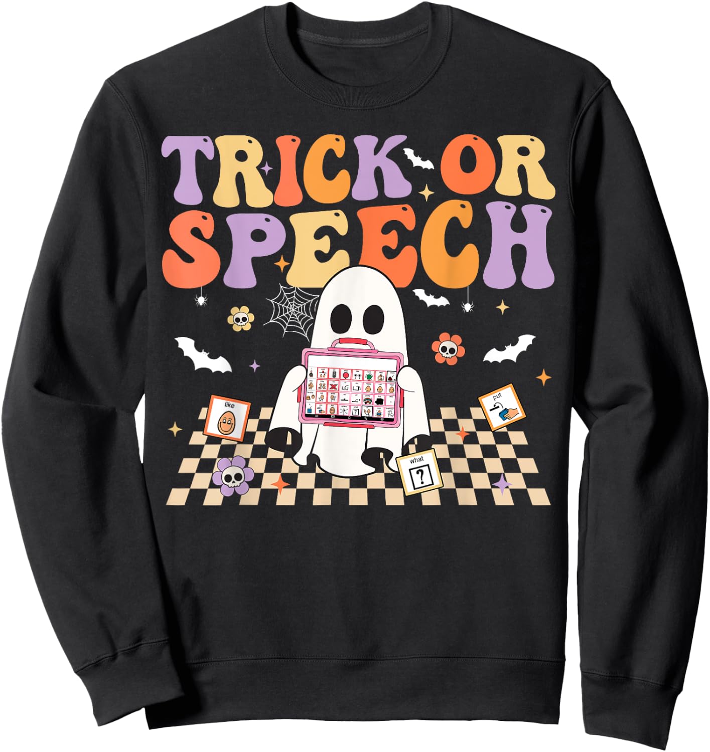 Trick or Speech Retro SLP Halloween Speech Therapy Sweatshirt - Sweatshirt | Black