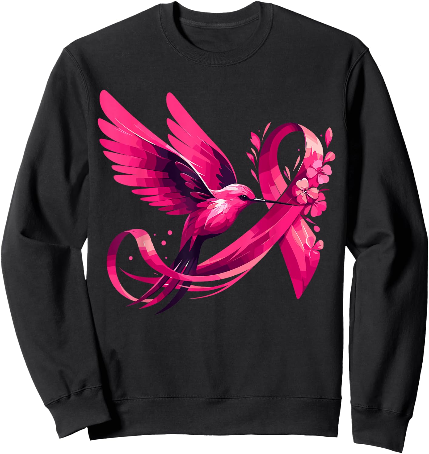 Hummingbird Flower Pink Ribbon Breast Cancer Awareness Sweatshirt - Sweatshirt | Black