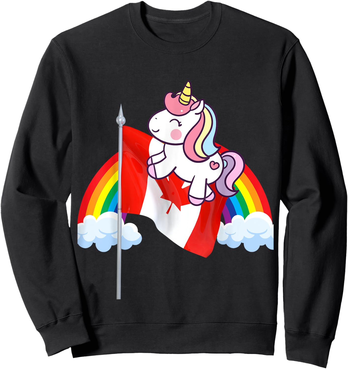 Unicorn Riding Canada Flag Boys Girls Women Kids Canadian Sweatshirt - Sweatshirt | Black