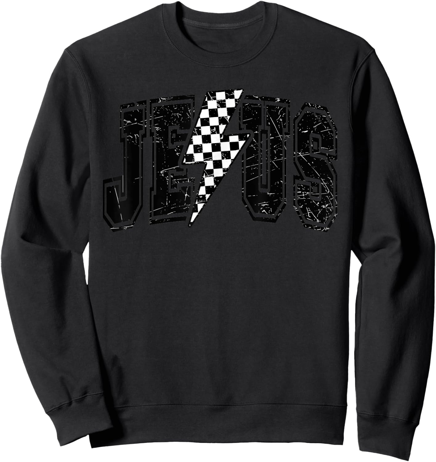 Funny Retro Groovy Checkered Jesus Lightning Bolt Apparel Sweatshirt - Sweatshirt | Black