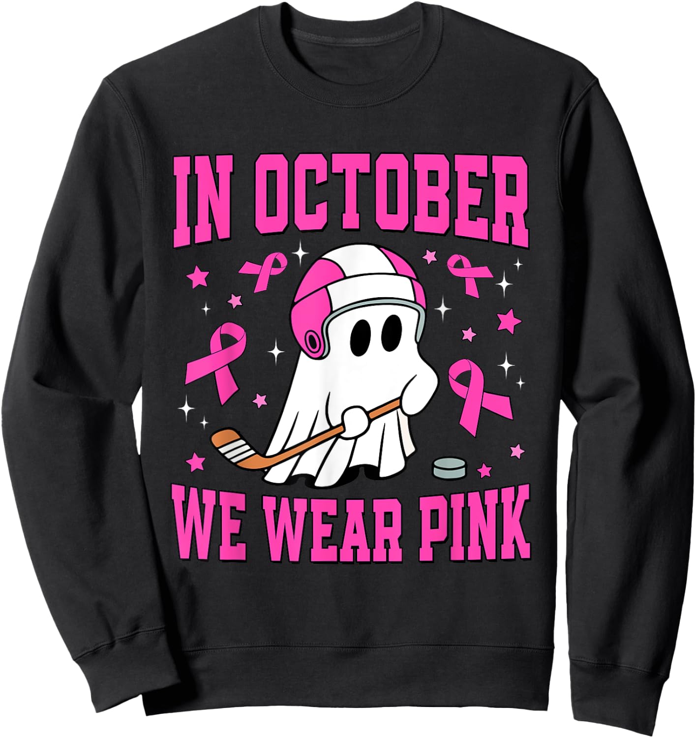 In October We Wear Pink Ghost Hockey Breast Cancer Sweatshirt - Sweatshirt | Black