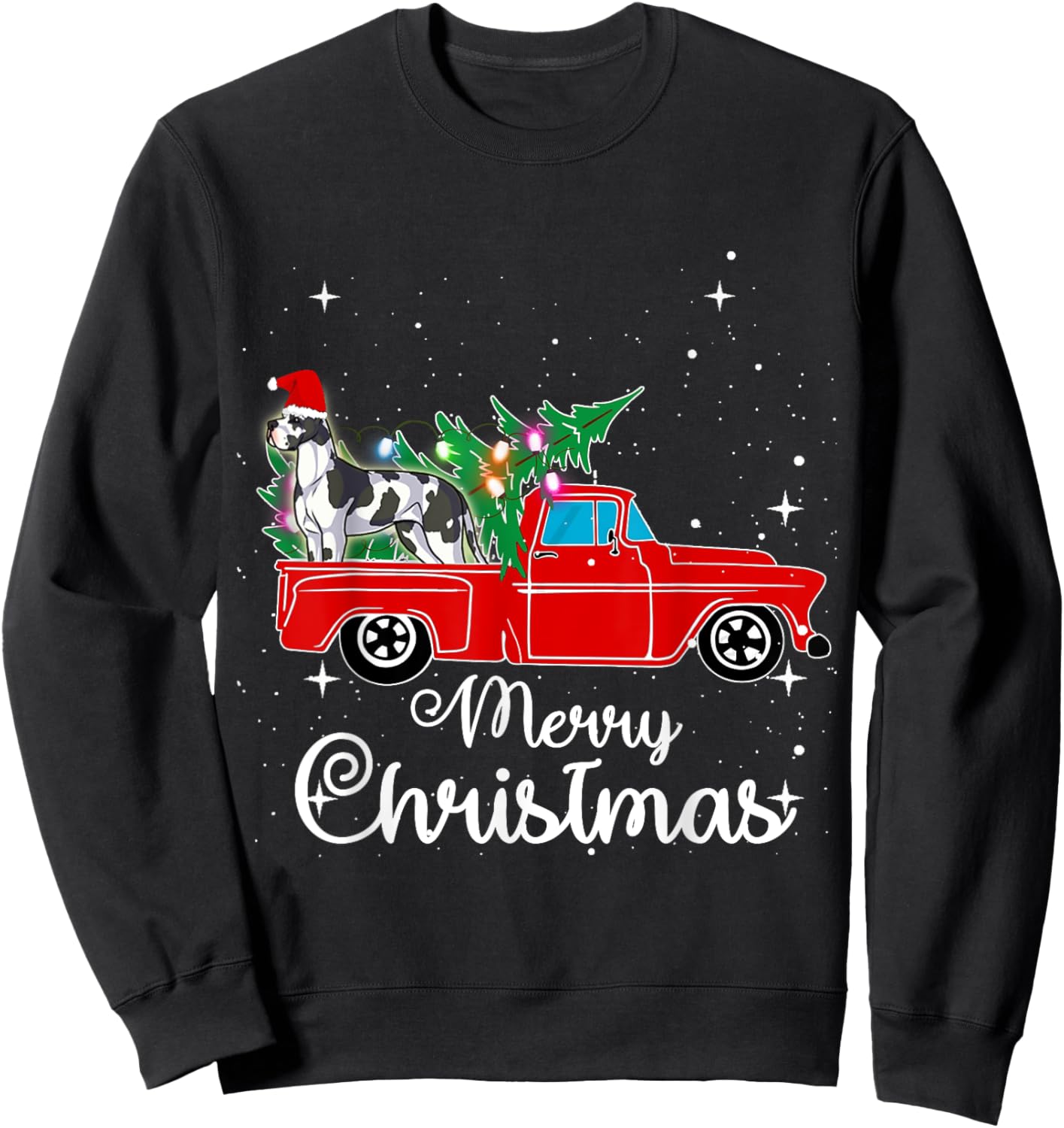 Great Dane Dog Red Truck Christmas Tree Lights Merry Xmas Women Kids Sweatshirt - Sweatshirt | Black