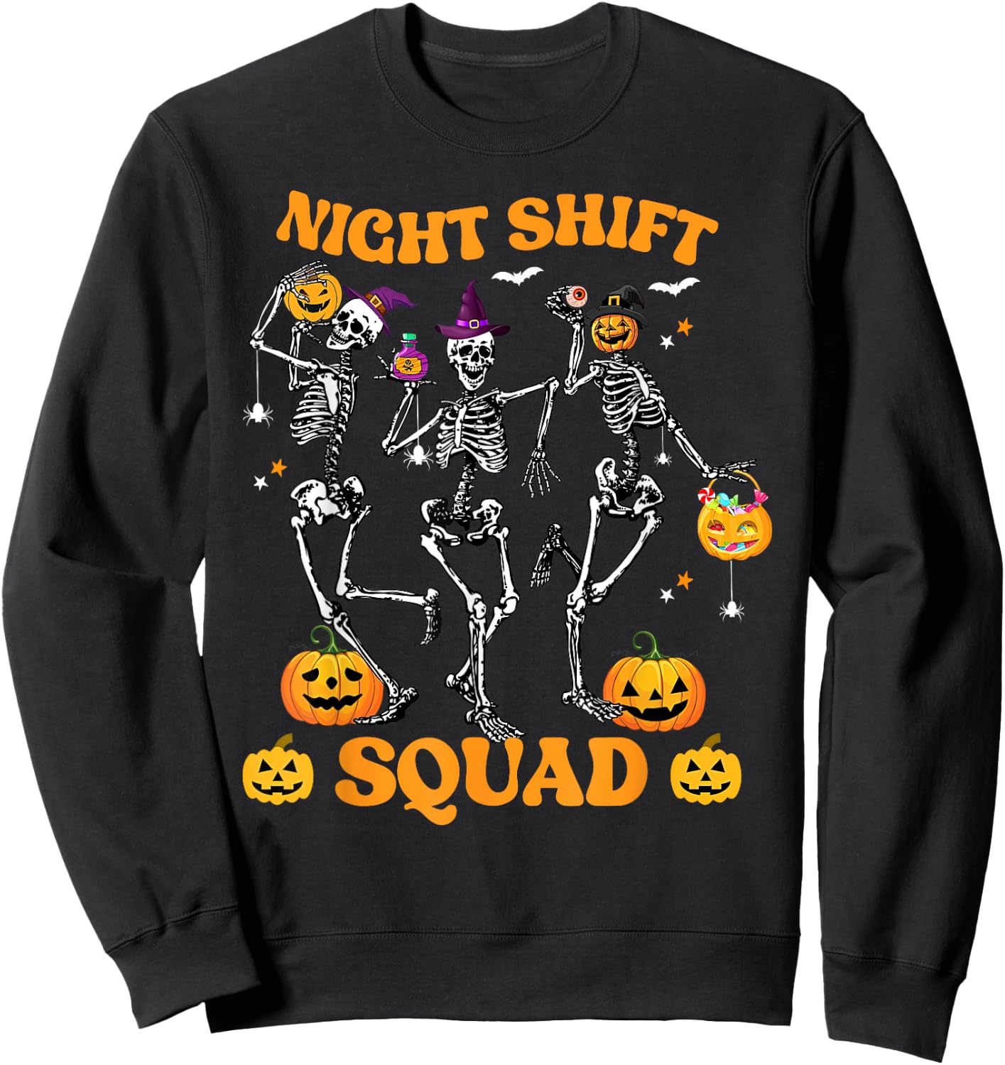 Dancing Skeleton Nurse Night Shift Squad Pumpkin Halloween Sweatshirt - Sweatshirt | Black