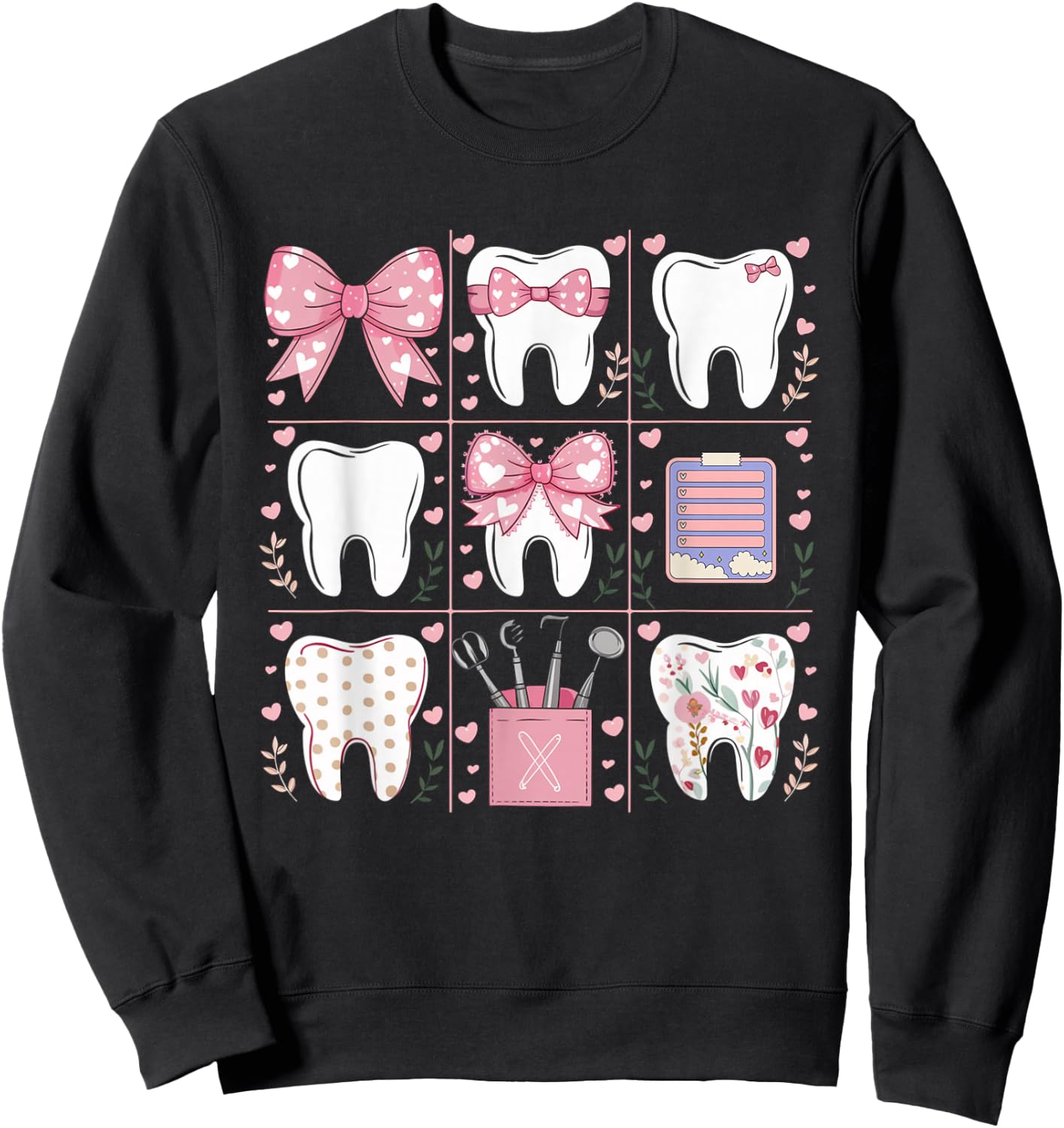Pink Coquette Bow Cute Teeth Dentist Squad Dental Assistant Sweatshirt - Sweatshirt | Black