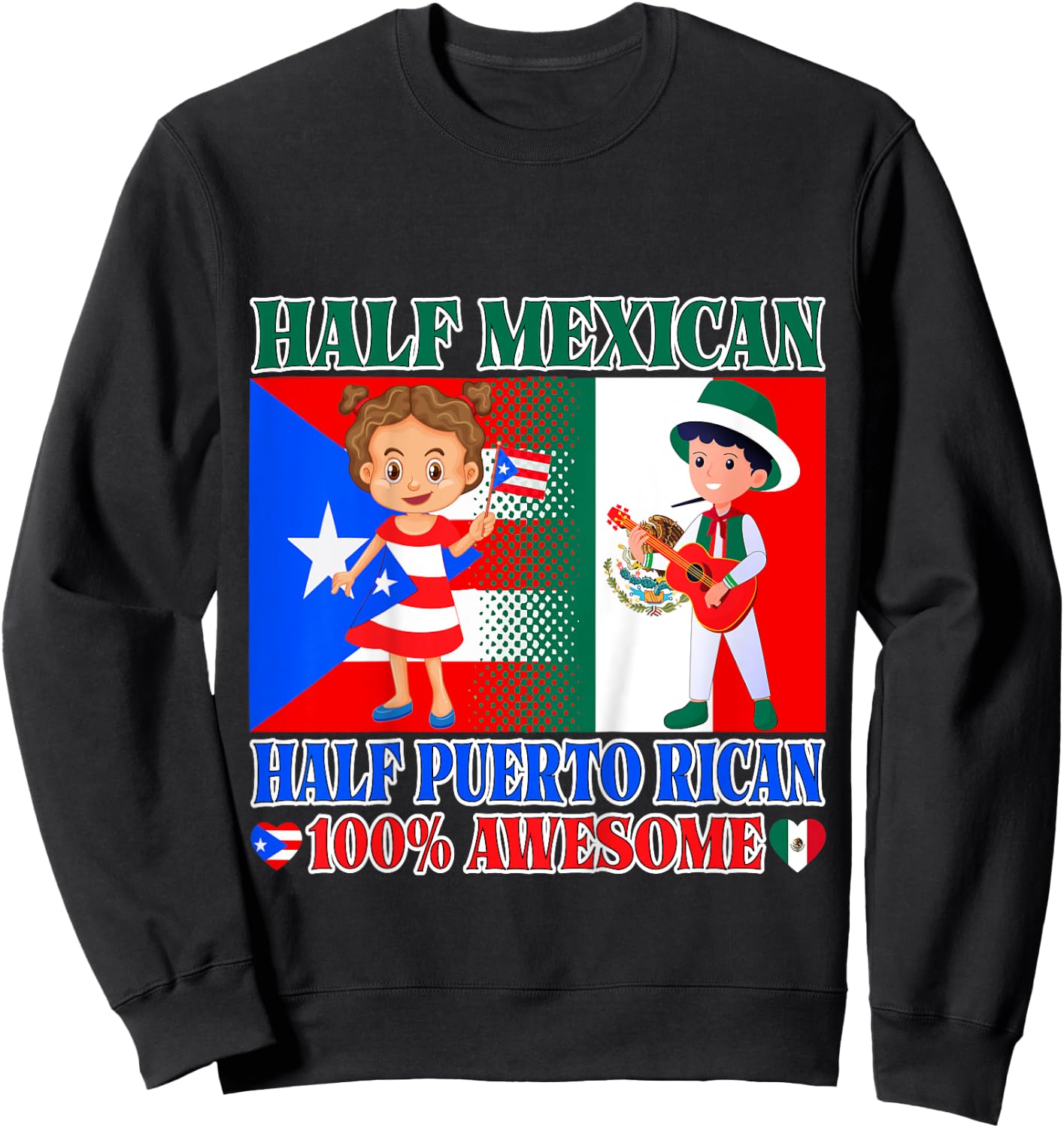 Kids Half Mexican Half Puerto Rican Mexico Flag Toddler Girl Boy Sweatshirt - Sweatshirt | Black