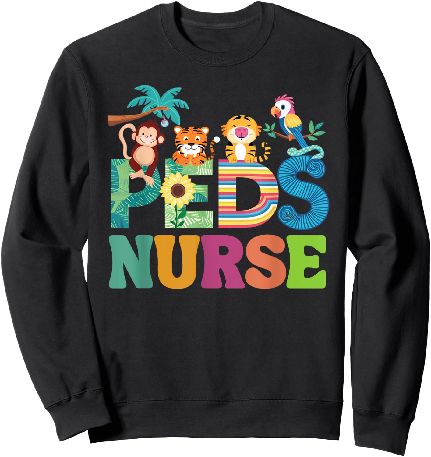 Colorful Peds Nurse Cute Animals PEDS Oncology Nurse Sweatshirt - Sweatshirt | Black