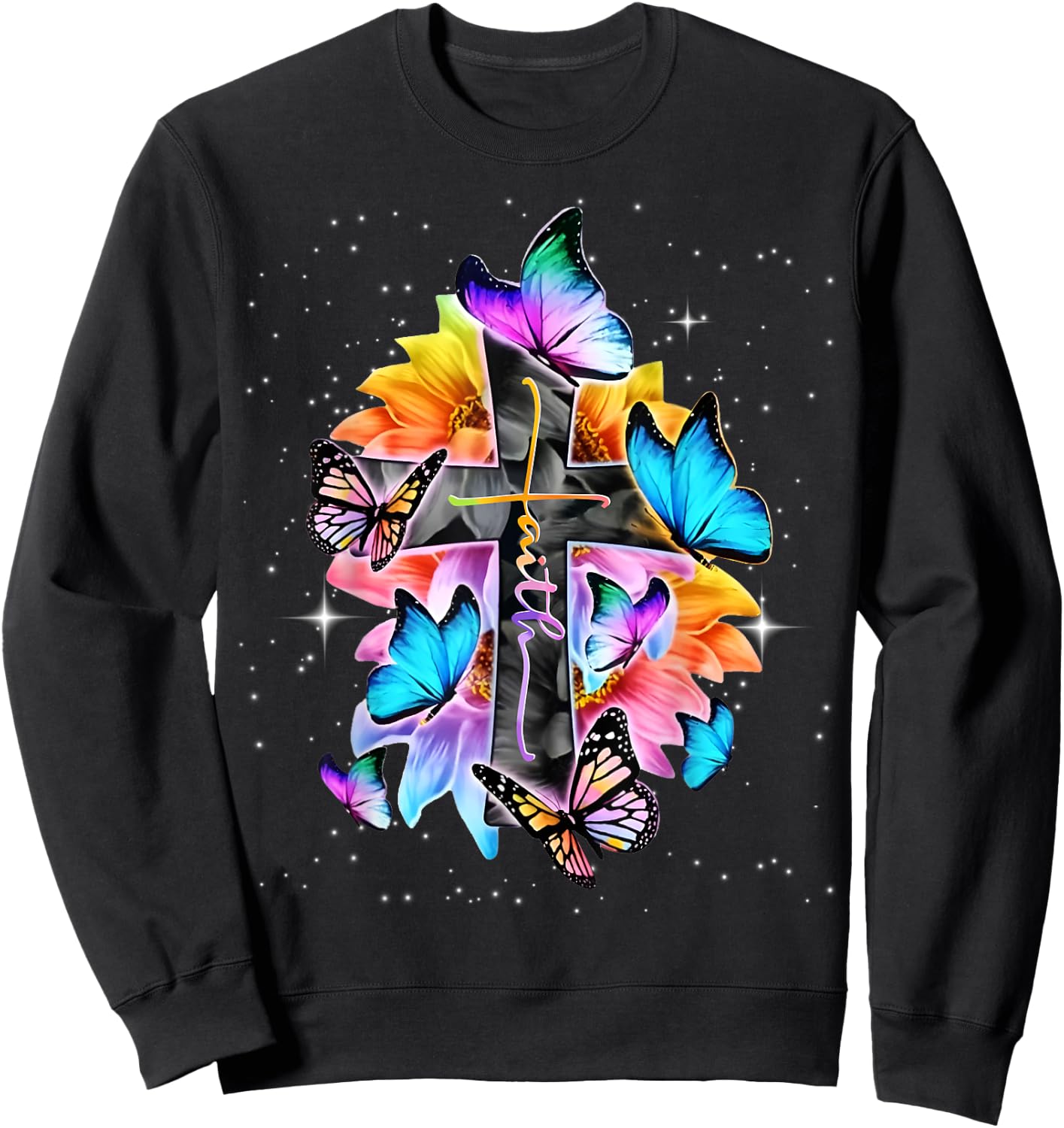 Faith - Cross Floral Butterflies Christ Flowers Religious Sweatshirt - Sweatshirt | Black