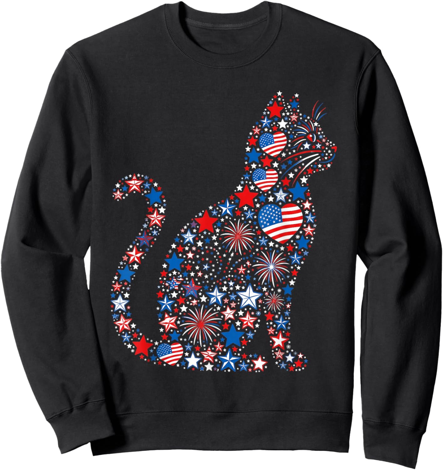 Cat American USA Flag Fireworks Patriotic Fourth of July Sweatshirt - Sweatshirt | Black