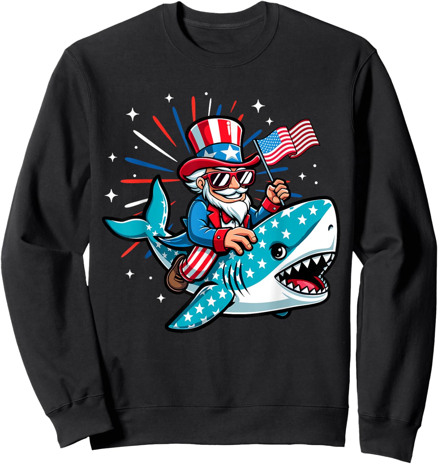 Funny Uncle Sam Riding Shark 4th of July Boys American Flag Sweatshirt - Sweatshirt | Black