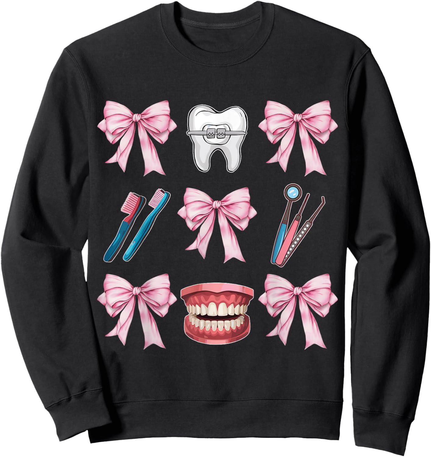 Cute Pink Coquette Bow Dentist Squad Teeth Dental Assistant Sweatshirt - Sweatshirt | Black