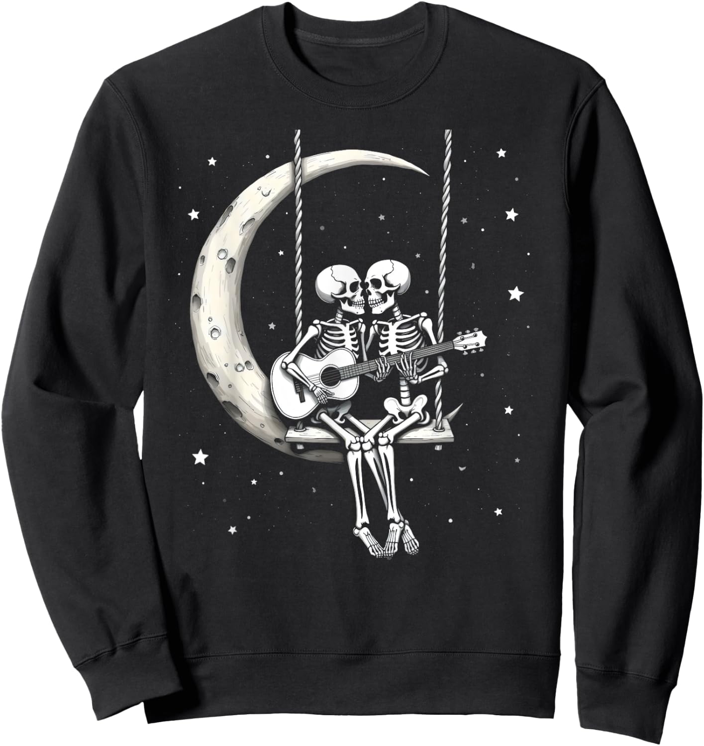 Skeleton Couple Playing Guitar on Moon Swing Halloween Band Sweatshirt - Sweatshirt | Black