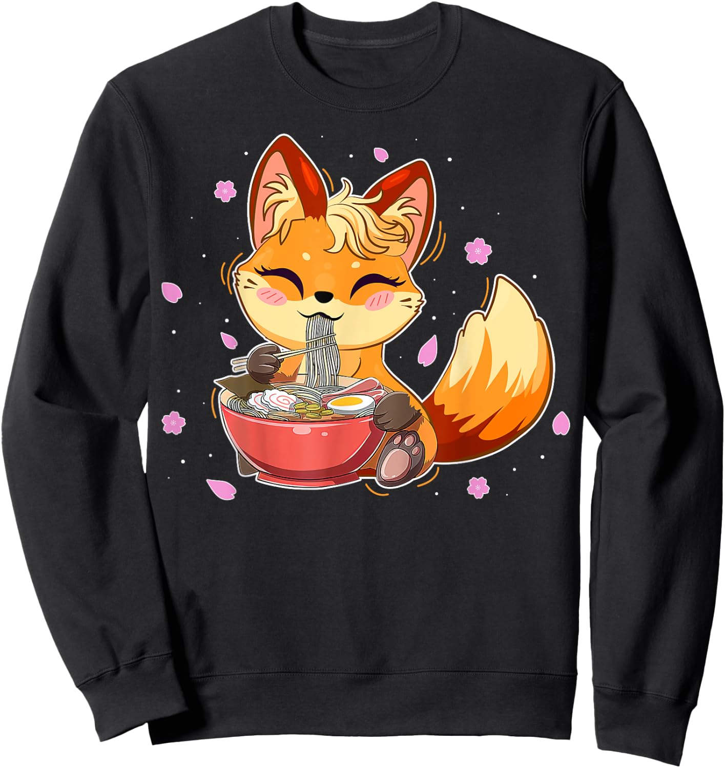 Cute Fox Japanese Anime Eating Ramen Girl Teen Kid Kawaii Sweatshirt - Sweatshirt | Black