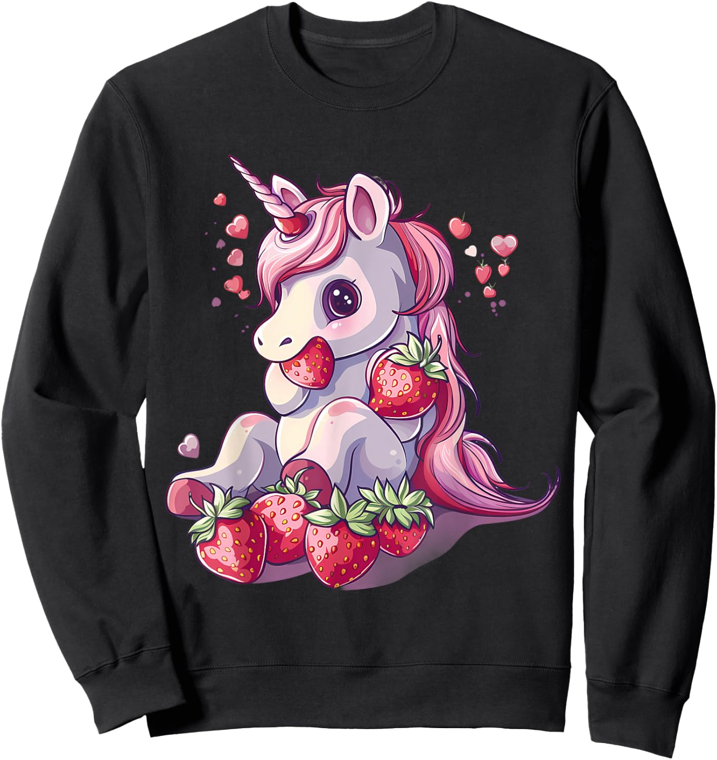 Strawberry Unicorn Cute Strawberries Drawing Motif Sweatshirt - Sweatshirt | Black