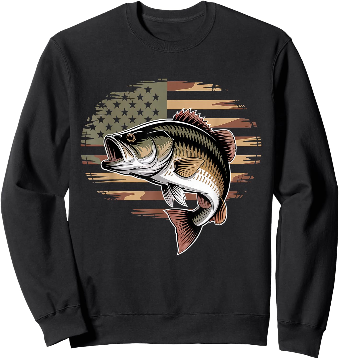 Bass Fish Fishing Camo USA American Flag Largemouth Sweatshirt - Sweatshirt | Black