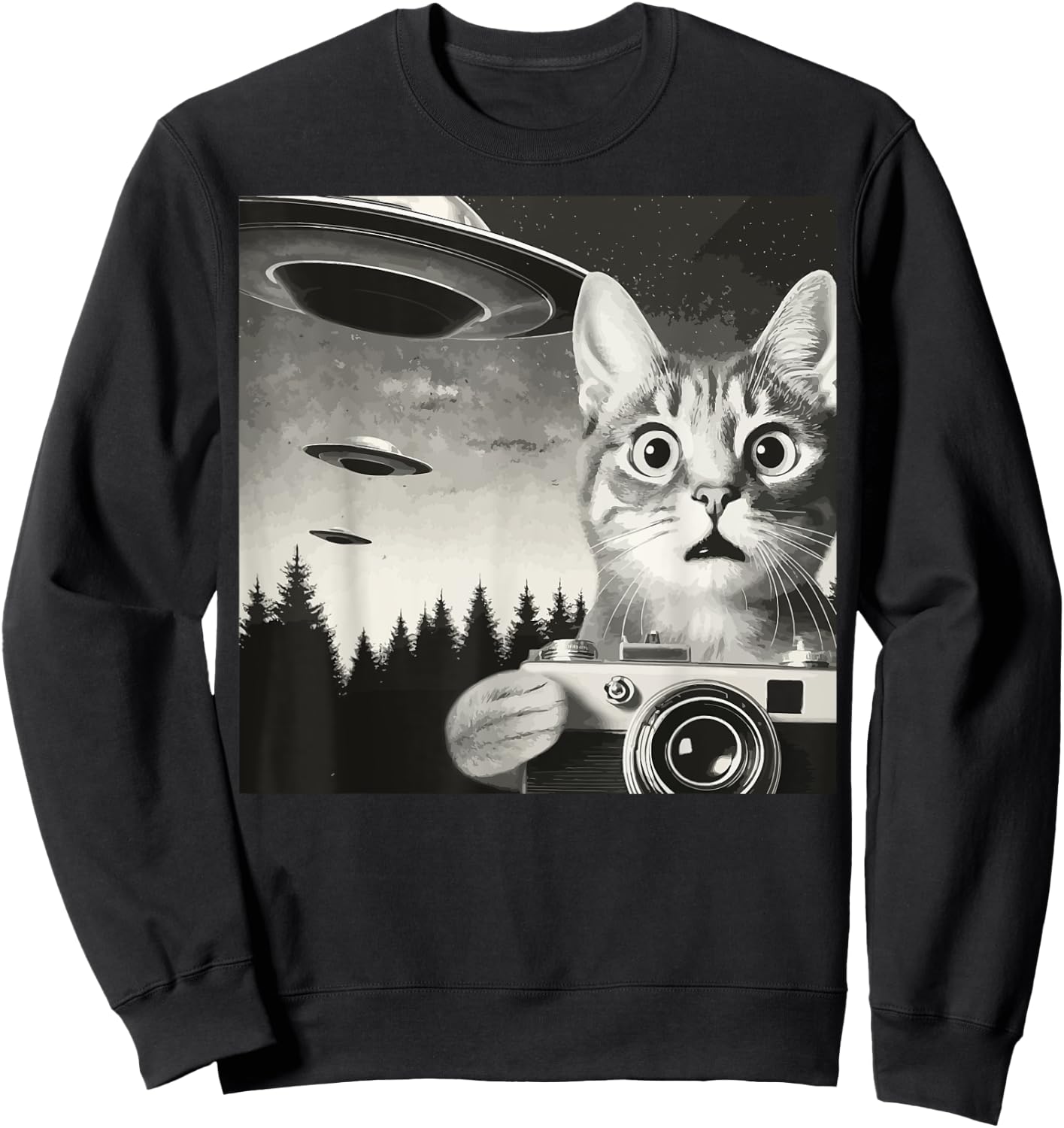 Alien Cat UFO Camera Graphic Alien Feline Photography Men Women Sweatshirt - Sweatshirt | Black