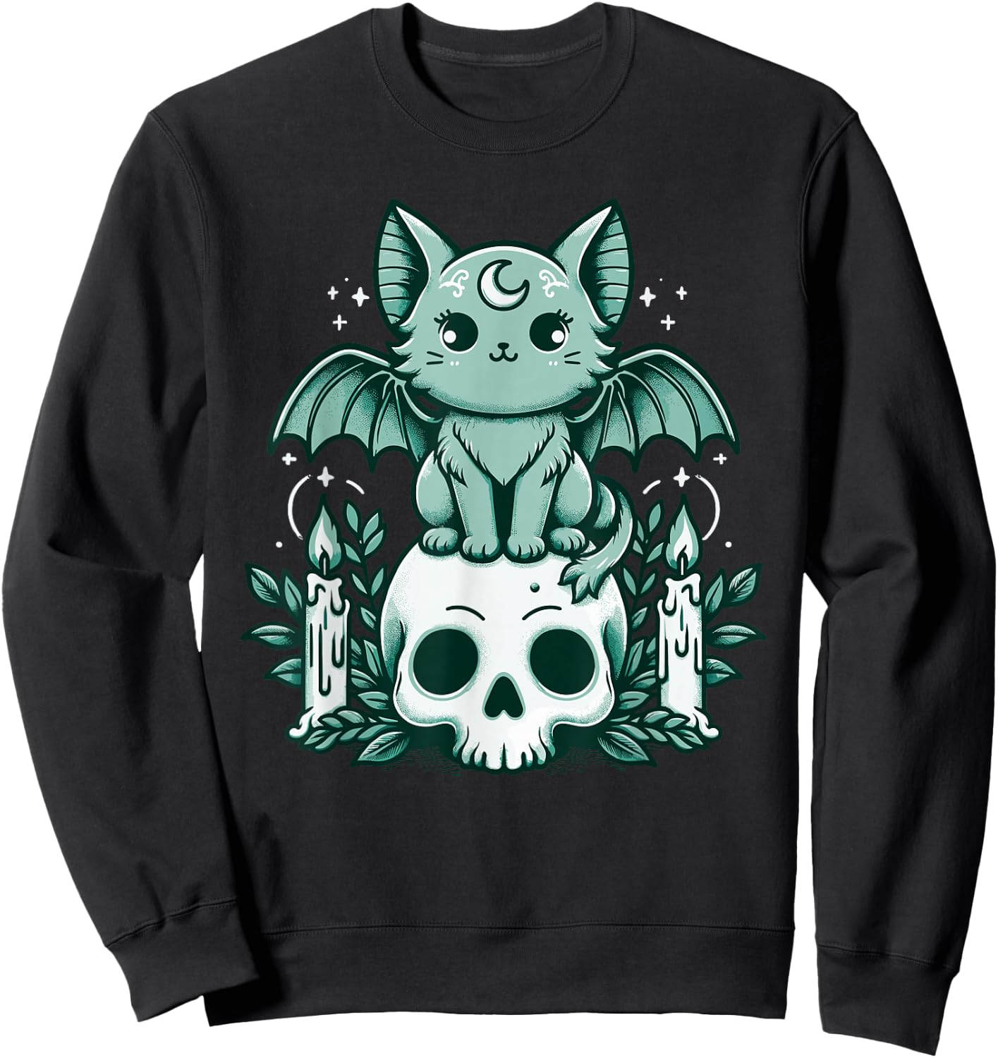 Kawaii Pastel Goth Cute Creepy Cat Bat Skeleton Sweatshirt - Sweatshirt | Black