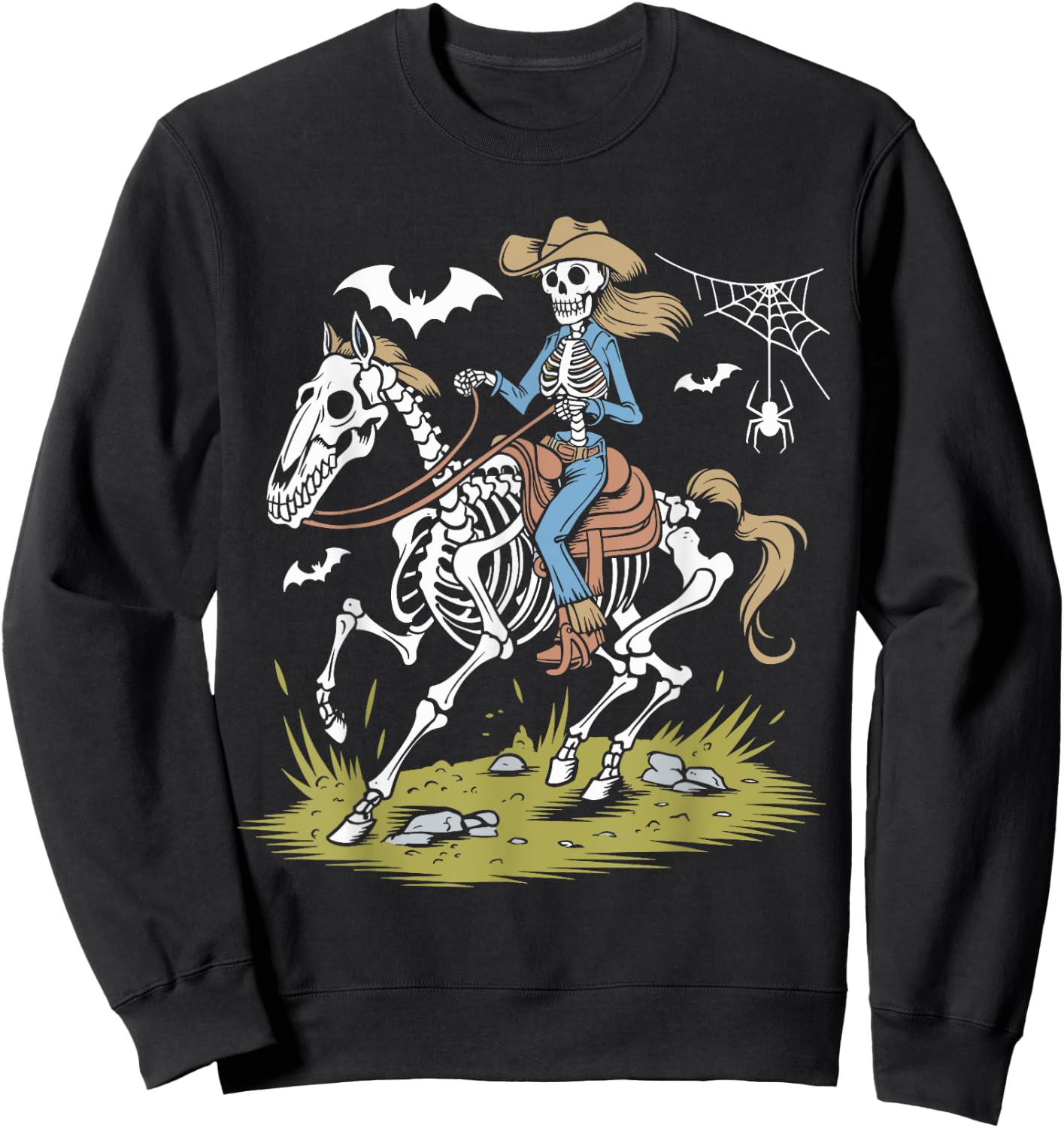 Funny Cowgirl Skeleton Riding Horse Spooky Halloween Western Sweatshirt - Sweatshirt | Black