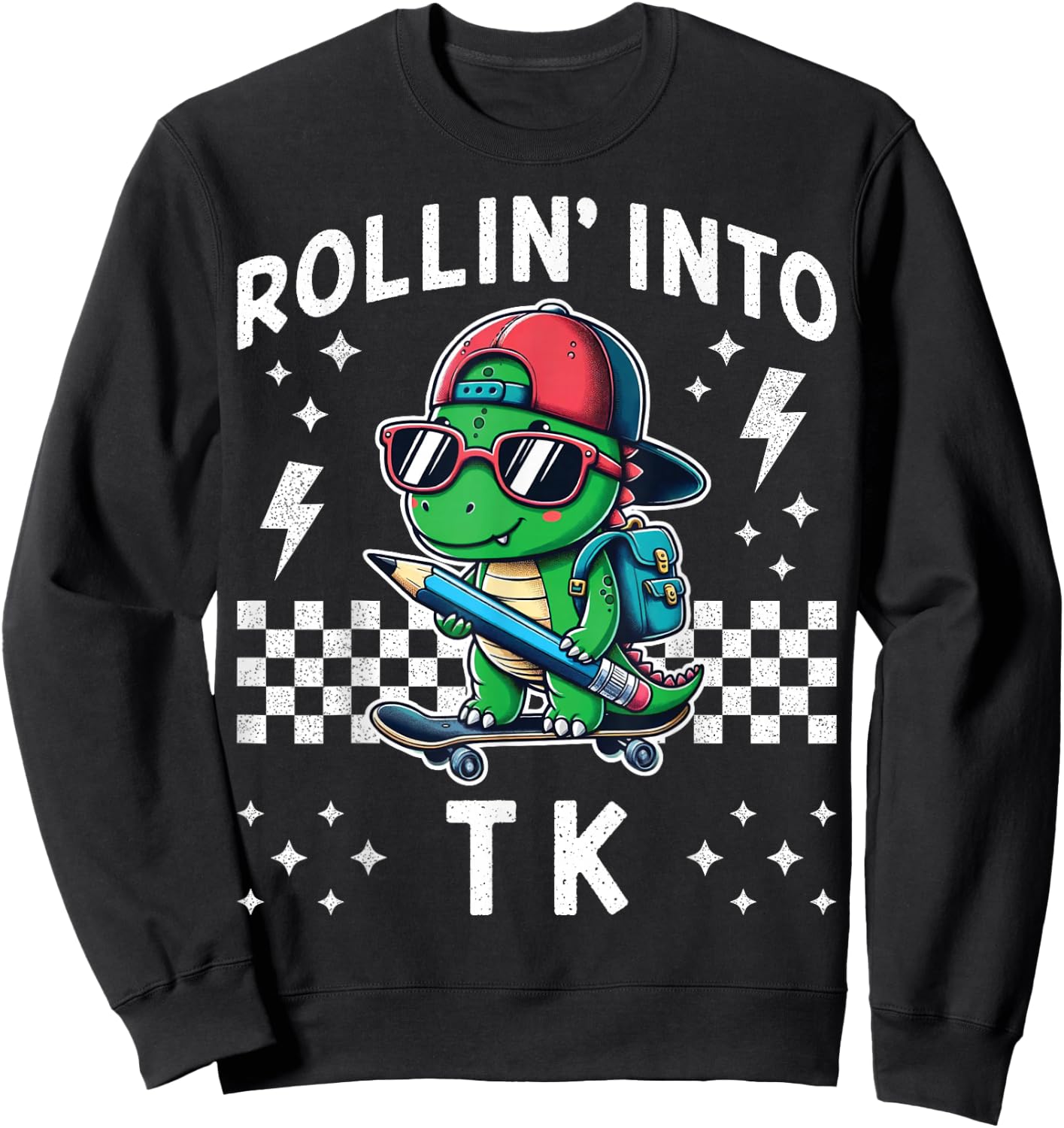 Rollin Into TK Dinosaur Skateboard Back to School Kid Funny Sweatshirt - Sweatshirt | Black