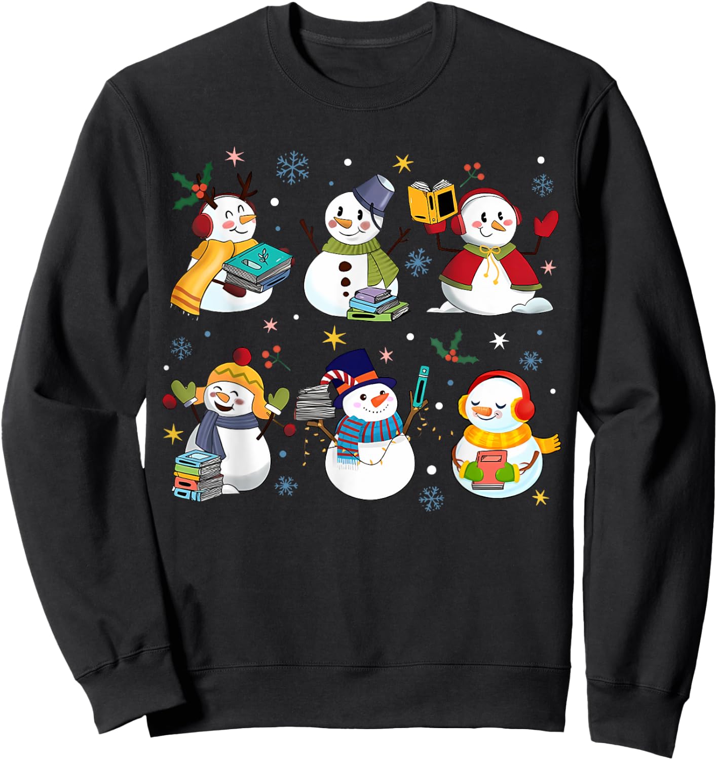 Snowman Reading Books Teacher Christmas Librarian Bookworm Sweatshirt - Sweatshirt | Black