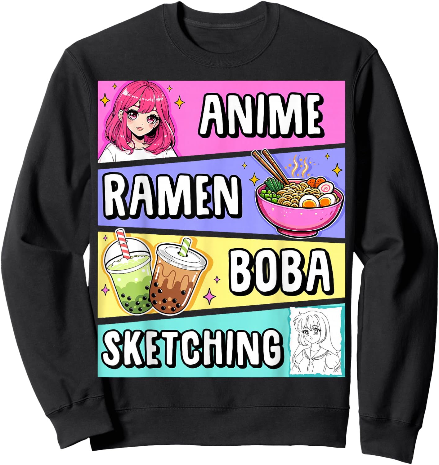 Kawaii Anime Ramen Noodles Sketching Boba Tea Japanese Sweatshirt - Sweatshirt | Black