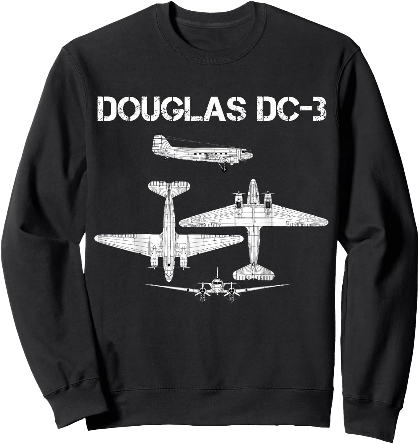 Douglas DC 3 WW2 Fighter Airplane Blueprint Sweatshirt - Sweatshirt | Black