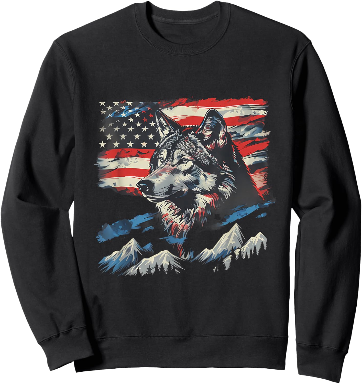 Fourth Of July Wolf American Flag Patriotic 4th Of July Sweatshirt - Sweatshirt | Black