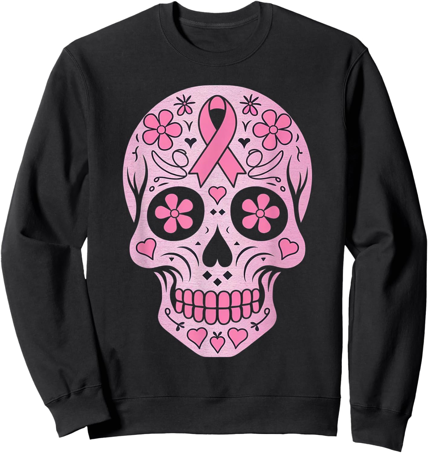 Sugar Skull Pink Ribbon Calavera Breast Cancer Awareness Sweatshirt - Sweatshirt | Black