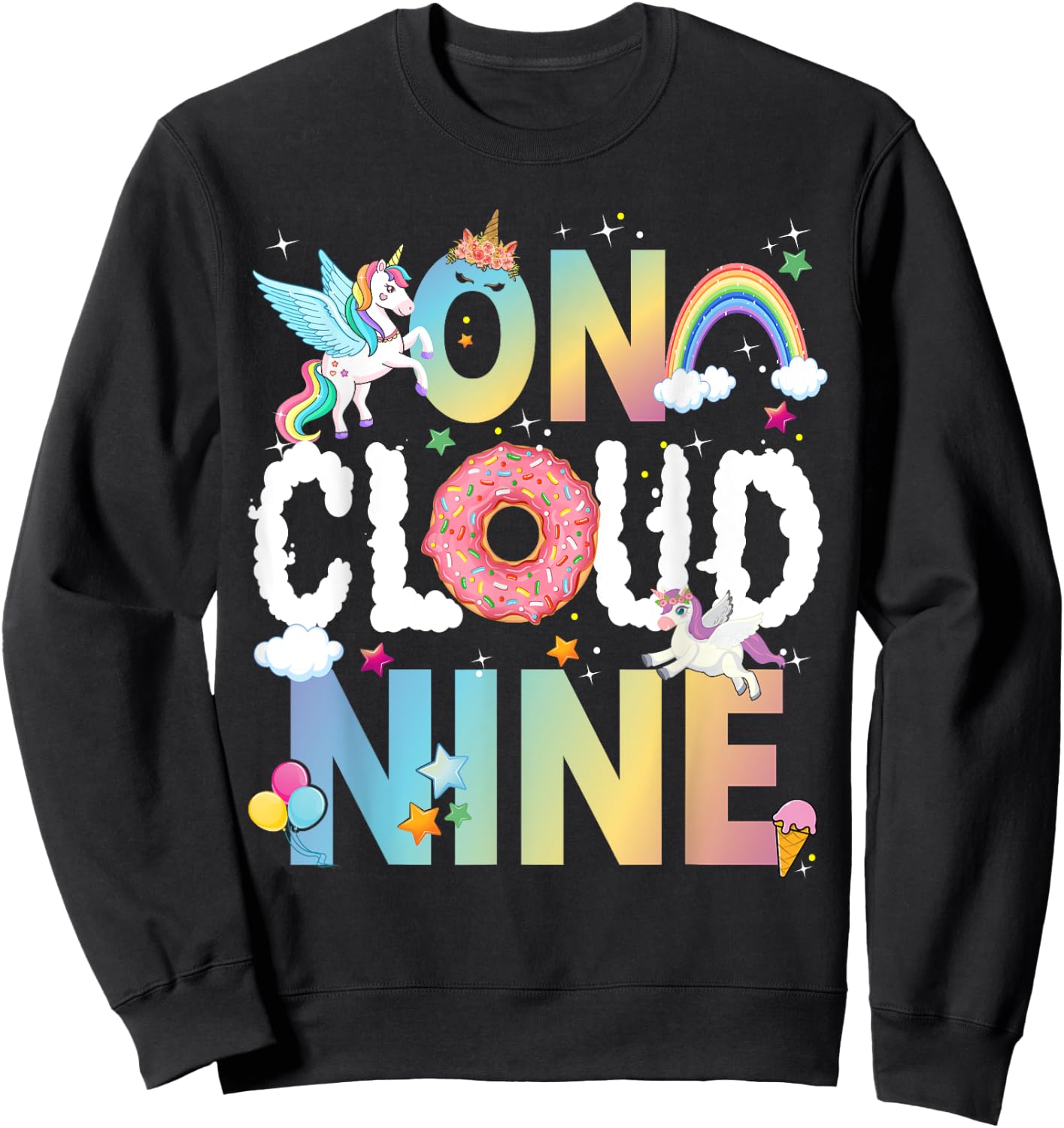 Retro On Cloud Nine Flower Happy 9th Birthday 9 Years Old Sweatshirt - Sweatshirt | Black