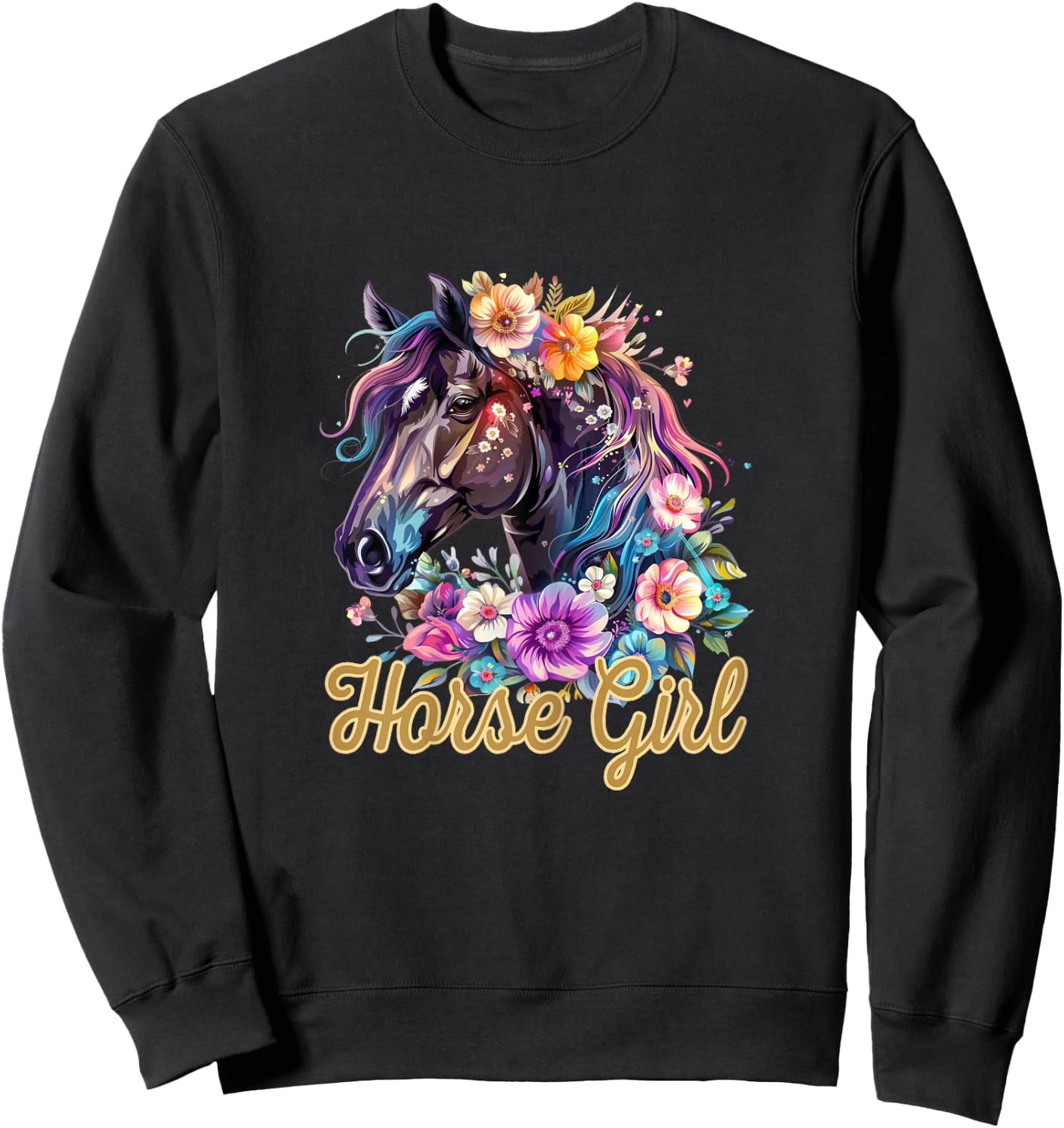 Horse Girl Flower Graphic Sweatshirt - Sweatshirt | Black