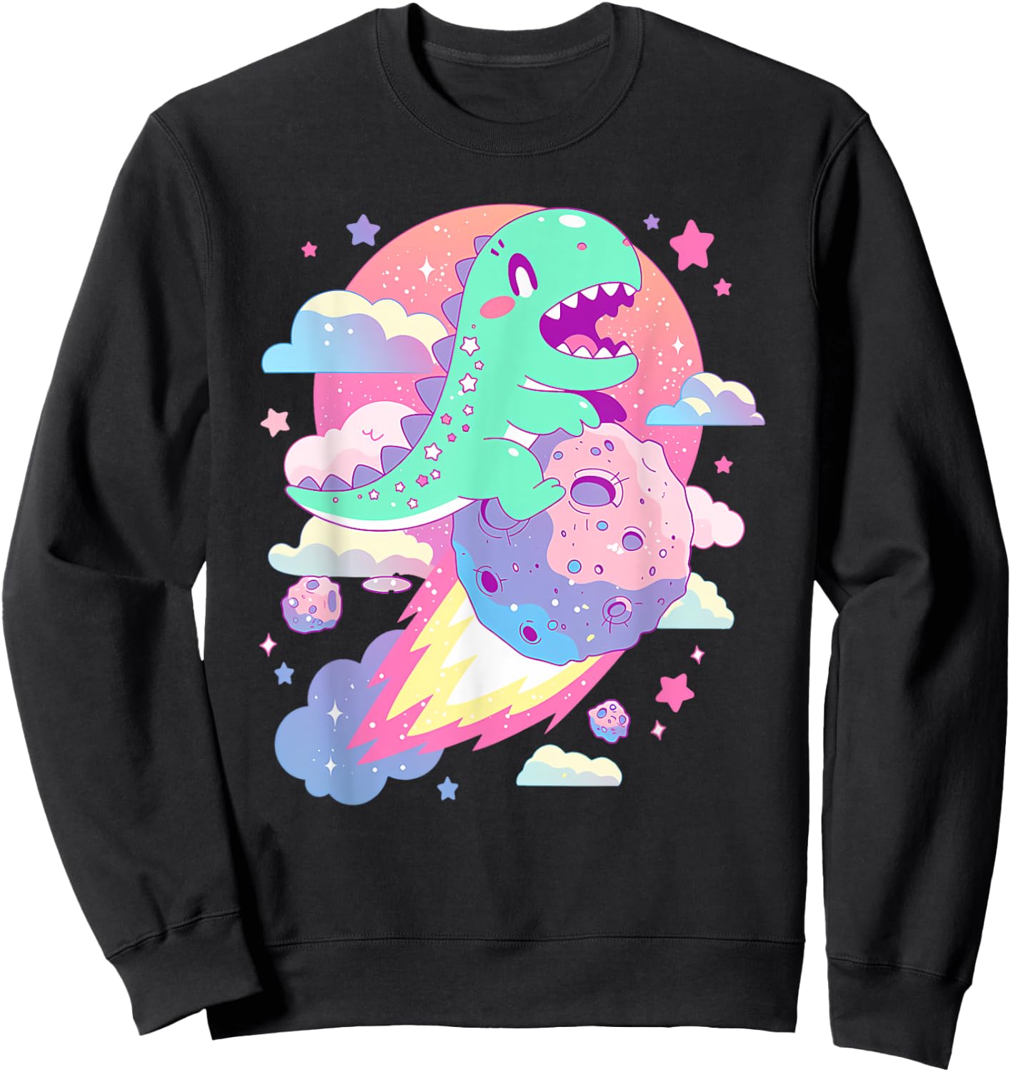Kawaii Pastel Goth Creepy Cute Chibi Dinosaur on a Comet Sweatshirt - Sweatshirt | Black