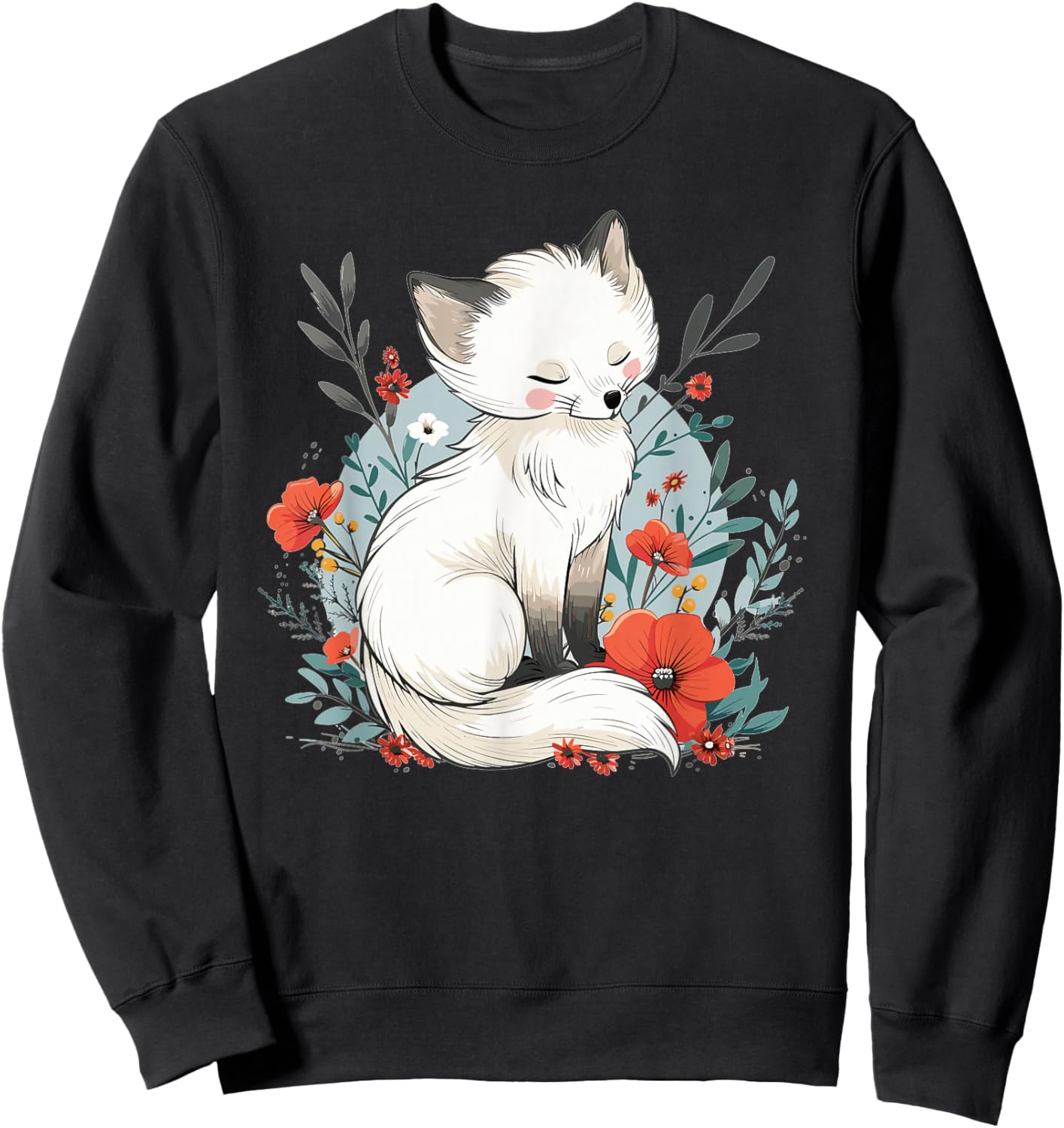 Cute Polar Fox with Flowers I Children's Arctic Fox Sweatshirt - Sweatshirt | Black