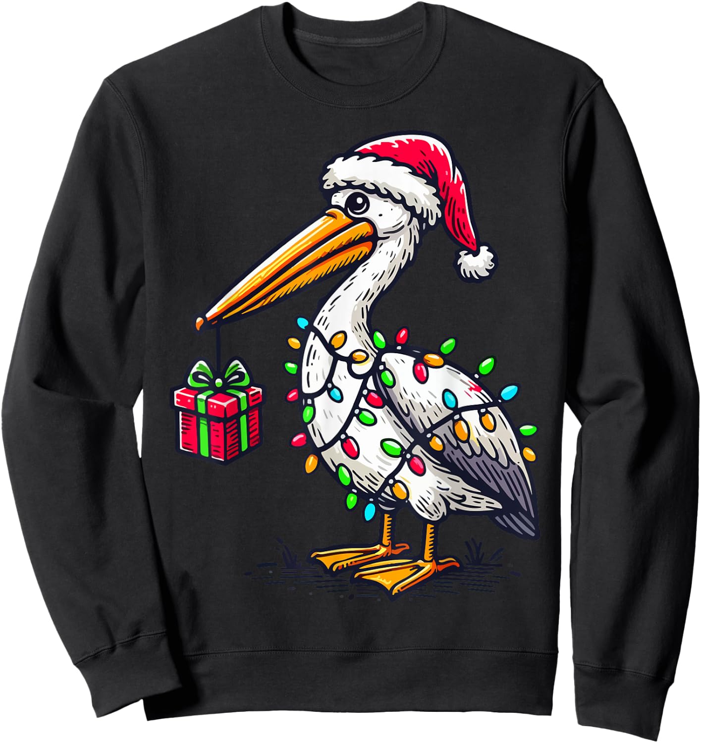 Pelican Bird Wearing Santa Hat, Holding A Present Box Xmas Sweatshirt - Sweatshirt | Black