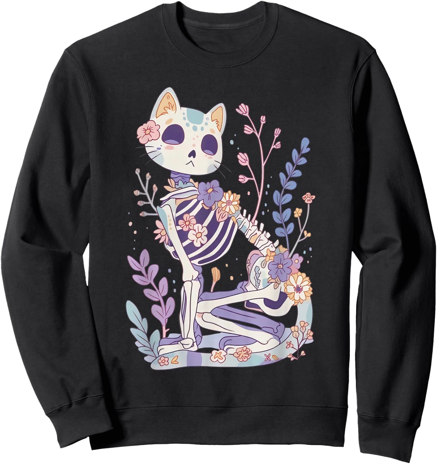 Kawaii Pastel Floral Goth Cute Creepy Cat Skeleton Sweatshirt - Sweatshirt | Black