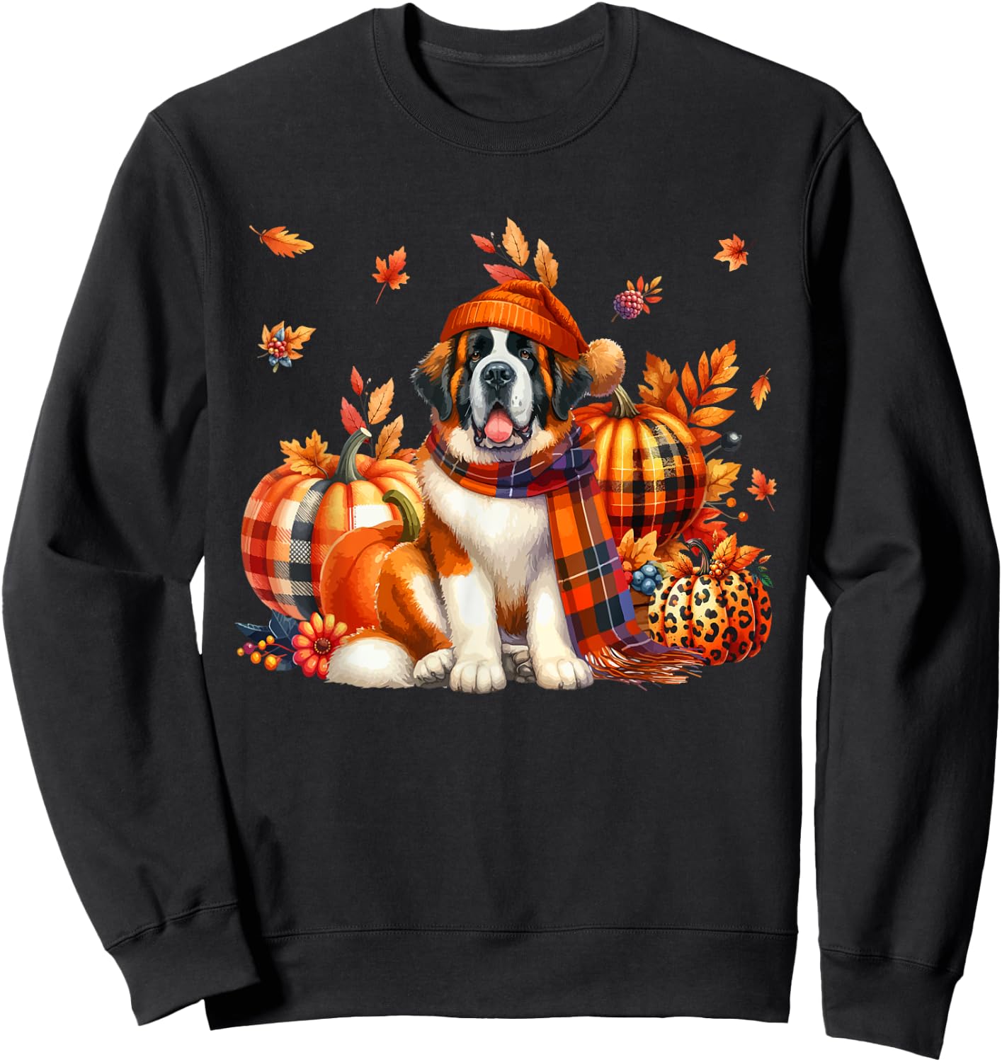 St. Bernard Thanksgiving Leopard Pumpkins Fall Leaves Lover Sweatshirt - Sweatshirt | Black