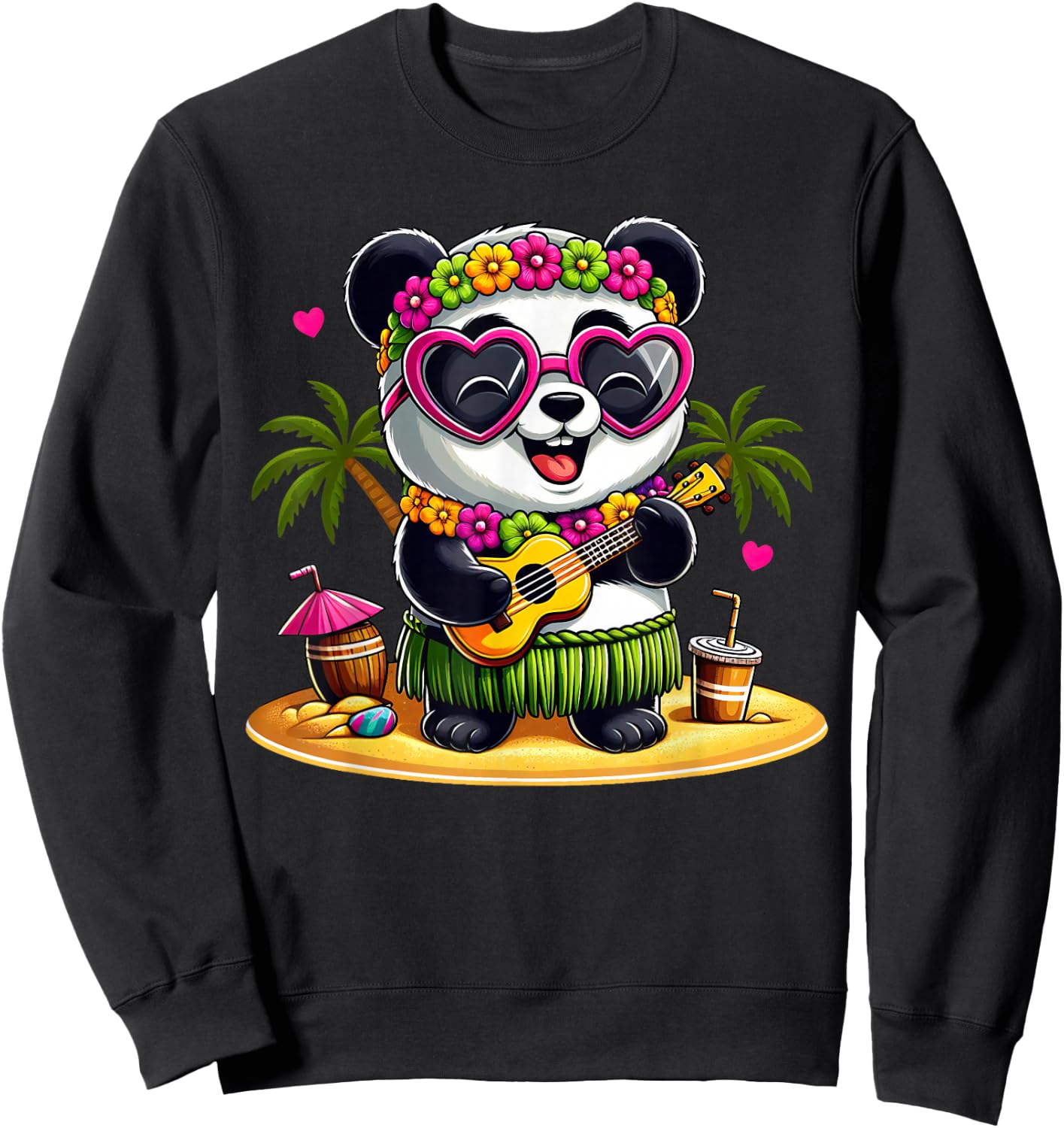 Funny Panda Hawaiian Costume Kids Summer Vacation Panda Sweatshirt - Sweatshirt | Black