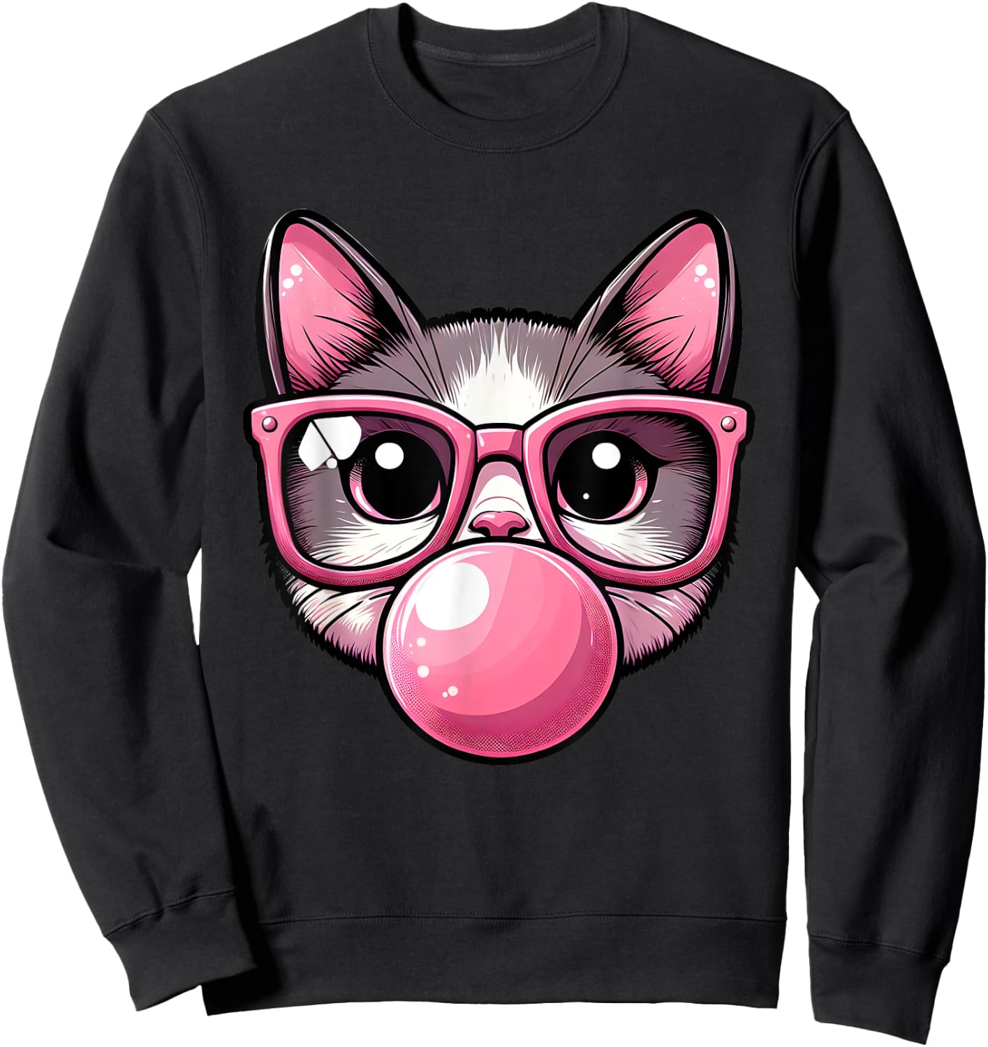 Cute and Funny Cat Pink Sunglasses And Blowing Bubble Gum Men Women Girls Kids Sweatshirt - Sweatshirt | Black