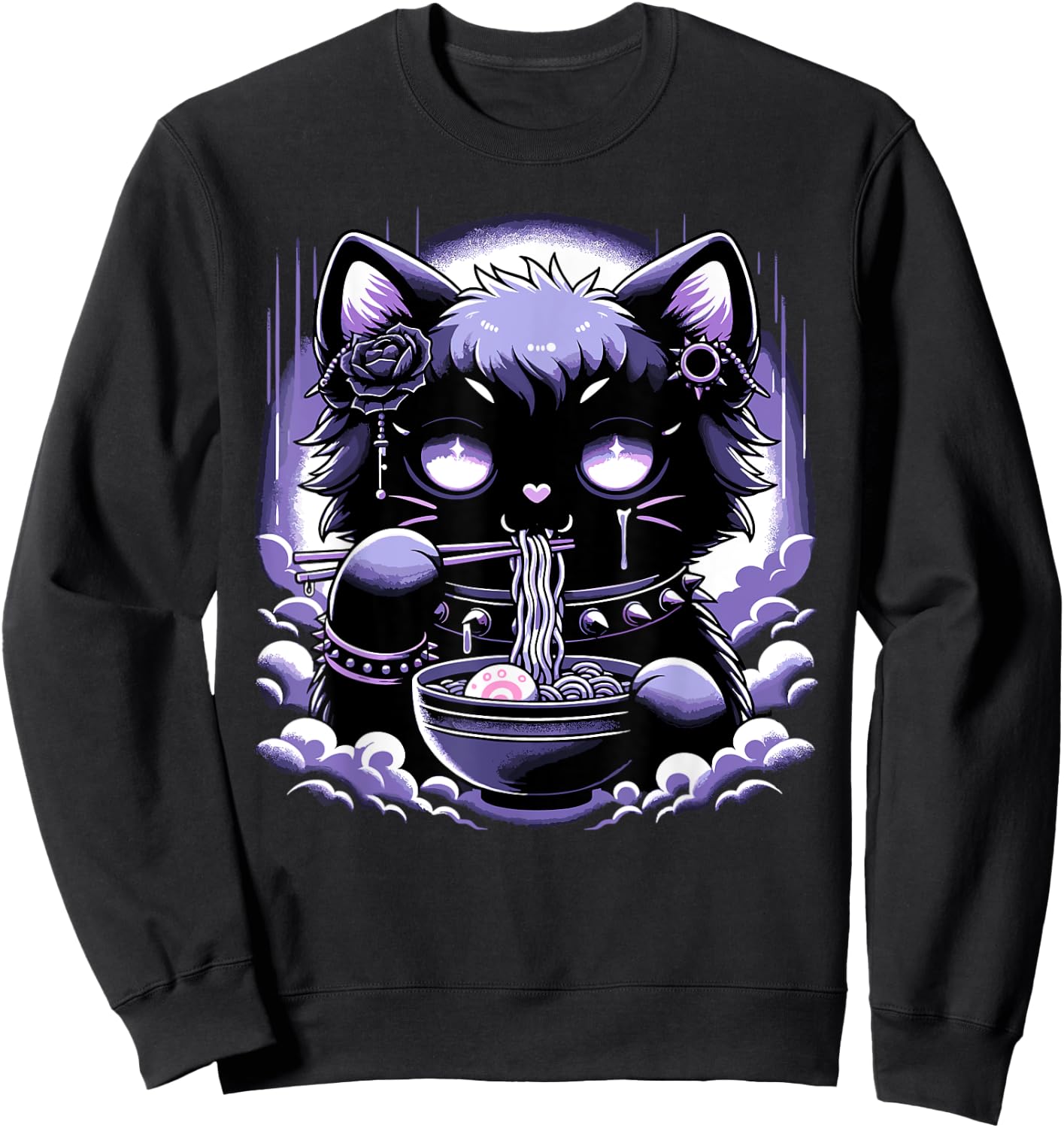 Pastel Goth Aesthetic Kawaii Creepy Cat Eating Ramen Noodles Sweatshirt - Sweatshirt | Black