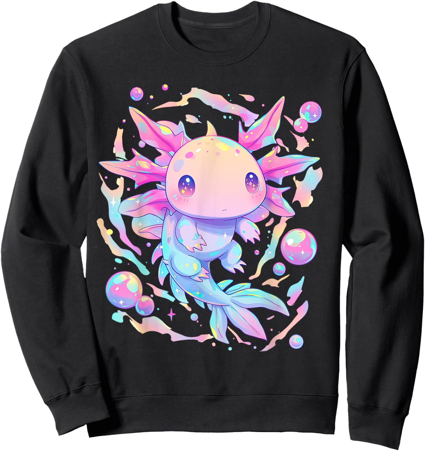 Kawaii Pastel Goth Cute Pink Sparkles Axolotl and Bubbles Sweatshirt - Sweatshirt | Black