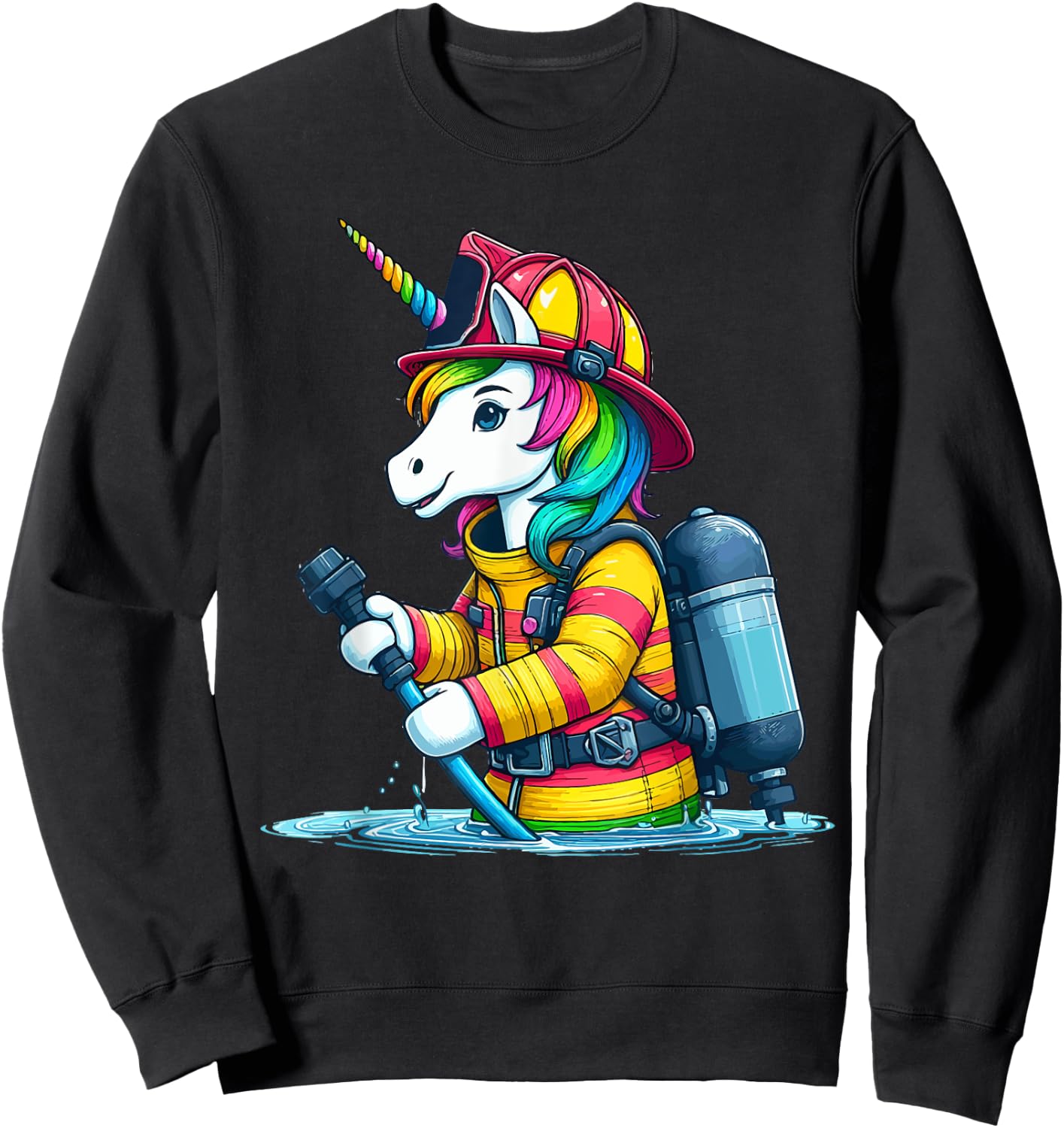 Unicorn Firefighter Fireman Birthday Party Funny Girl Love Sweatshirt - Sweatshirt | Black