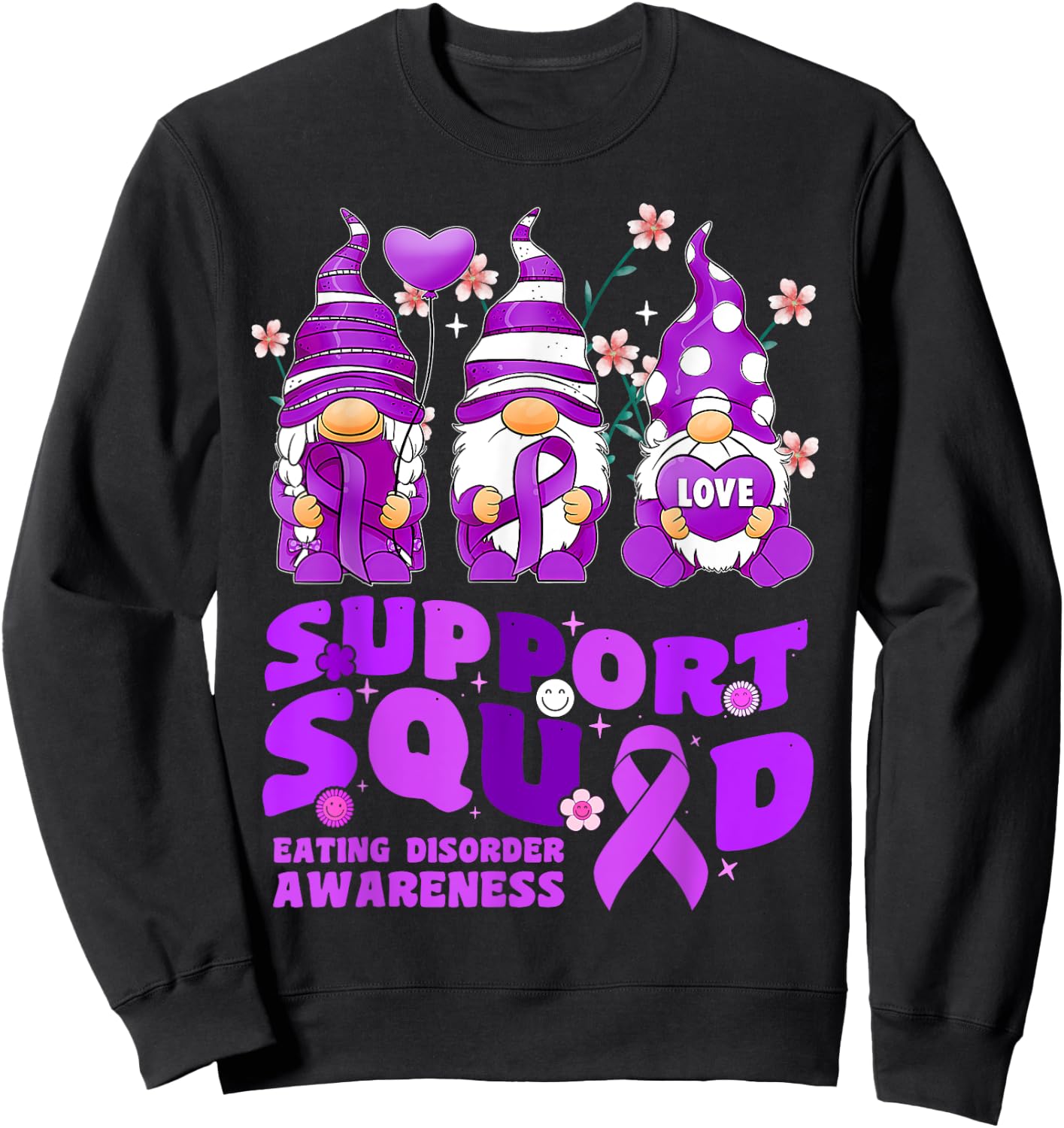 Support Squad Eating Disorder Awareness Gnome Purple Ribbon Sweatshirt - Sweatshirt | Black