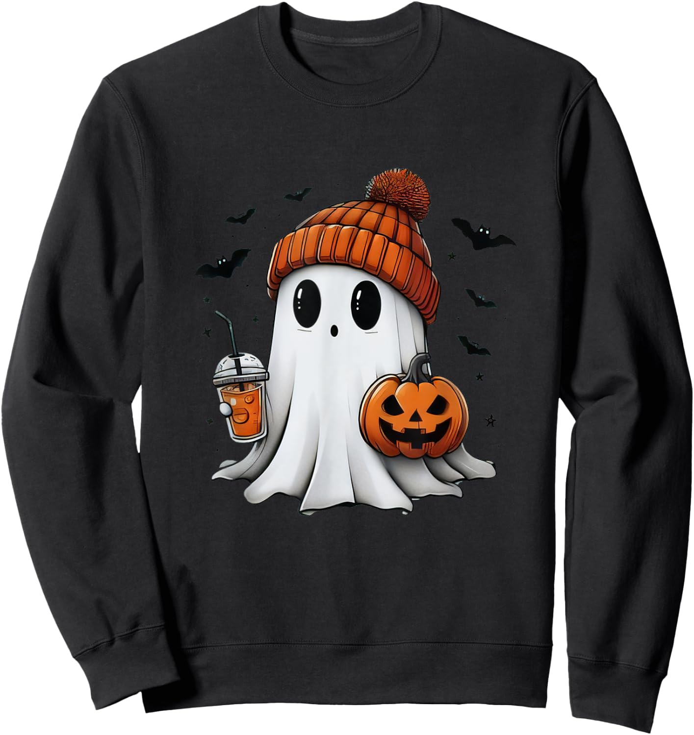 Cute Ghost Drinking Coffee Halloween Ghost Ice Coffee Sweatshirt - Sweatshirt | Black
