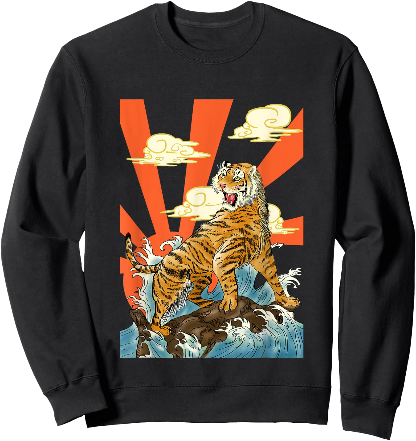 Majestic Tiger Roaring Over Waves with Rising Sun Backdrop Sweatshirt - Sweatshirt | Black