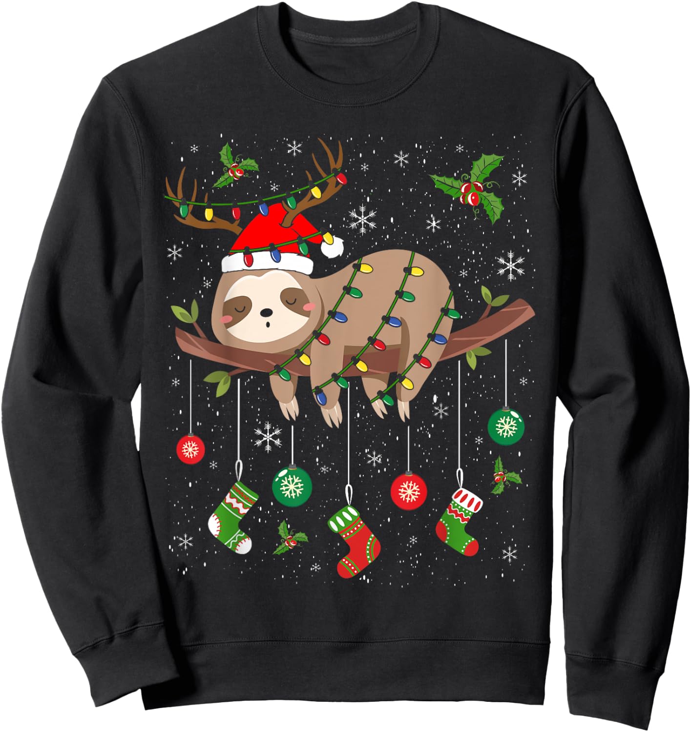 Sloths Xmas Lighting Reindeer Santa Hat Sloth Christmas Sweatshirt - Sweatshirt | Black