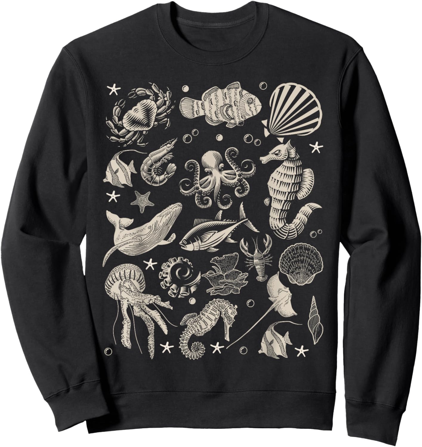 Vintage Ocean Wildlife Shark Turtle Octopus Sweatshirt - Sweatshirt | Black