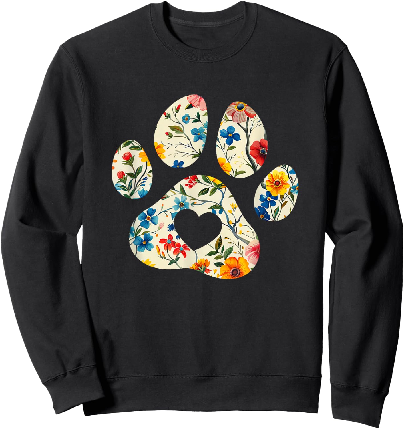Vintage Silhouette Flowers Floral Paw Print Heart Sweatshirt - Sweatshirt | Black