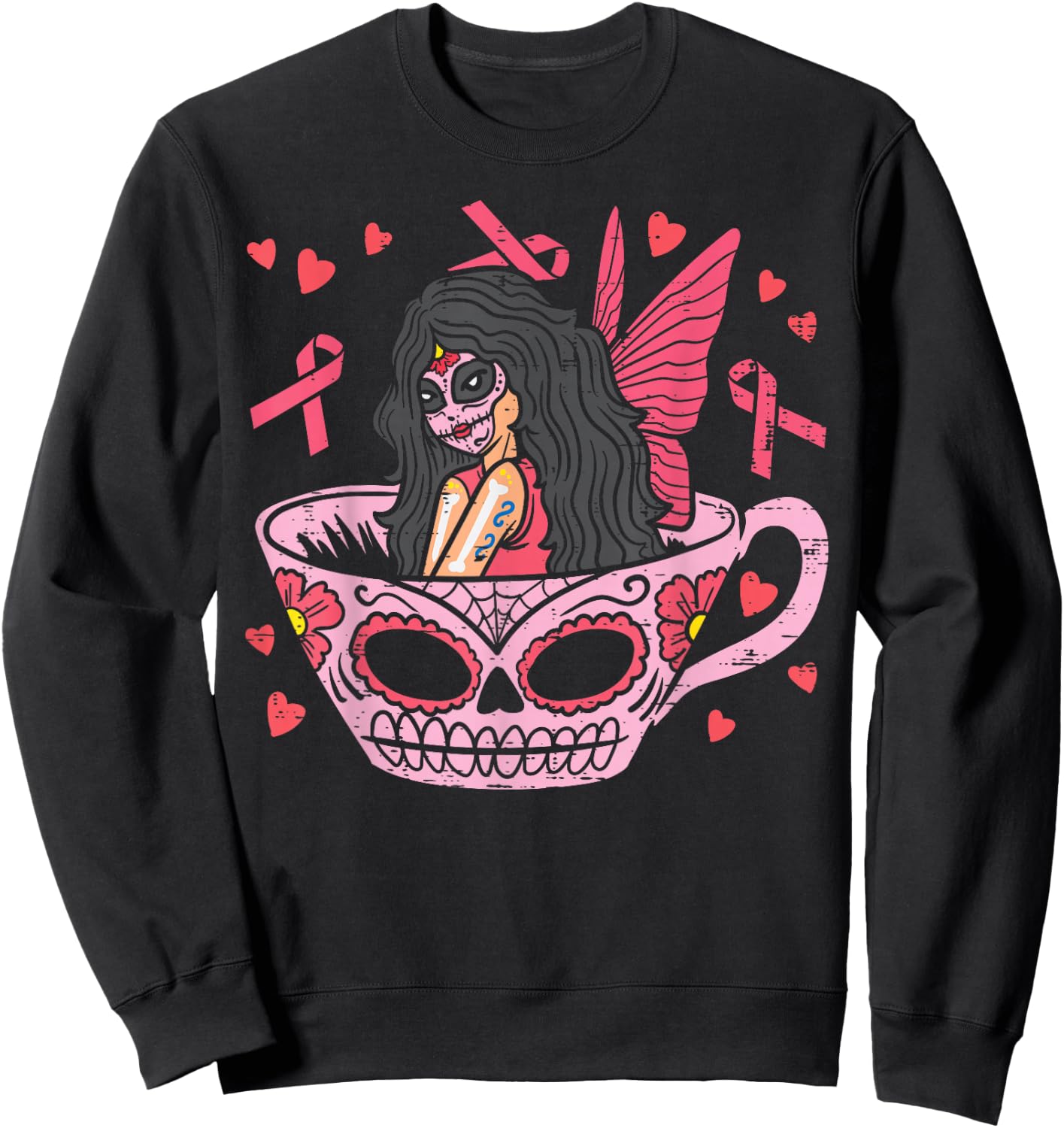 Sugar Skull Fairy In Tea Cup Breast Cancer Awareness Mexican Sweatshirt - Sweatshirt | Black