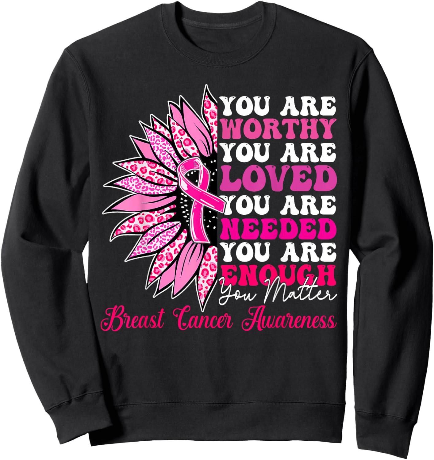 Sunflower Pink Breast Cancer Awareness Women Girls Warrior Sweatshirt - Sweatshirt | Black