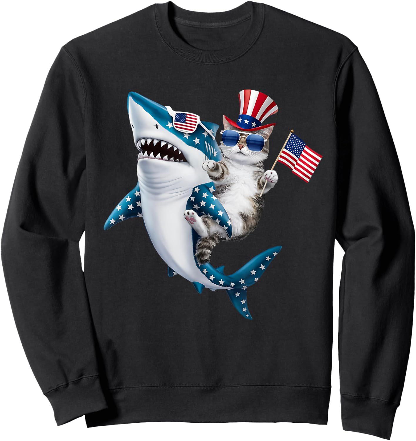 Awesome Patriotic Cat Riding Shark usa flag sunglasses Women Kids Men Sweatshirt - Sweatshirt | Black